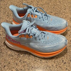 Women’s 9D Hoka Women's Clifton 9 Airy Blue and Orange Athletic Shoes